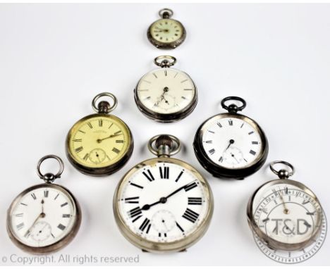 Five assorted silver cased, open face pocket watches, each with white enamel dial and black Roman numerals, with a Goliath po