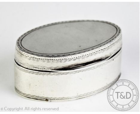 A George III silver nutmeg grater, Thomas Phipps &amp; Edward Robinson, oval shaped with hinged cover and underside decorated