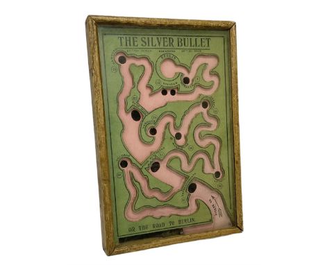 WWI 'The Silver Bullet or the Road to Berlin' ball bearing puzzle game, the stylised printed card map marked with various Ger