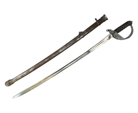 Early 20th century Household Cavalry Trooper's sword, with plain 87cm steel slightly curving fullered blade with crows foot a