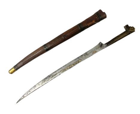 19th century Algerian Flyssa long knife, the 34cm single edged pointed decorative blade inset with yellow metal, chased brass