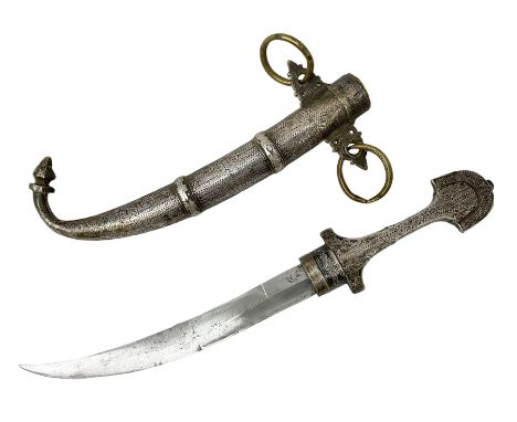 Moroccan Jambiya with 22.5cm curving steel blade, white metal and brass hilt with filigree and foliate engraved all over deco