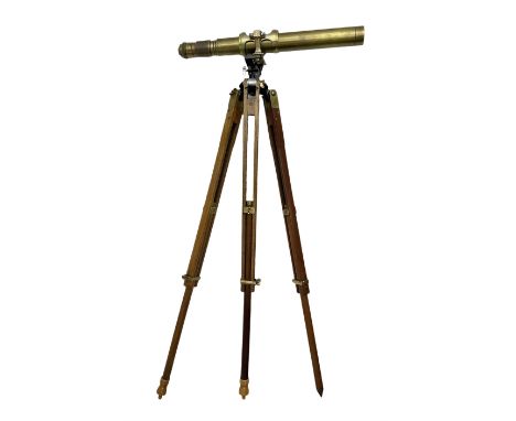 Early 20th century Ross London brass gunsight L67cm now as a telescope with Gaskell &amp; Chambers bracket on hardwood and br