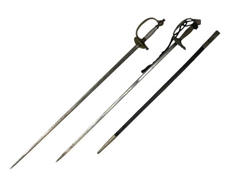 19th century continental courtsword, with plain 77.5cm double-edged steel blade, silvered brass hilt with knucklebow and orna