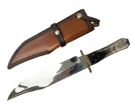 Large Bowie knife the 26.5cm steel blade marked J.E. Middleton & Sons Rockingham Street Sheffield with brass cross-piece and 