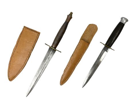 British Commando Fighting Knife, with 17cm unmarked double edged blade, brass cross-piece and coppered aluminium ribbed grip;