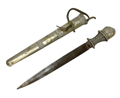 Caucasian style kindjal dagger, the 25cm steel single edged blade with wire-bound and embossed nickel hilt; in matching nicke