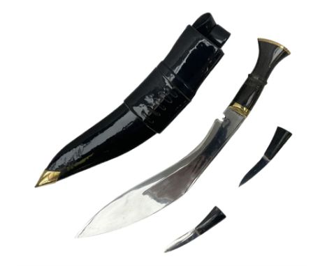 Ceremonial kukri, the 28.5cm curving blade inscribed 'O RDEP NEPAL 9/81' with brass mounted horn grip; in gloss black scabbar