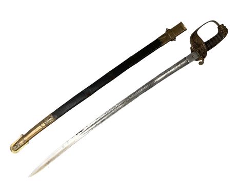 Early Victorian Royal Naval Officer's sword, with 76cm slightly curving fullered blade marked Selby High Street Portsmouth to