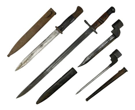 German Model 1884/98 knife bayonet with metal scabbard; British No.4 Mk.II spike bayonet with Mk.I scabbard; British No.9 Mk.