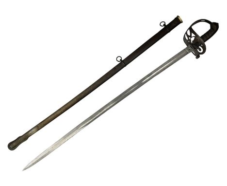 Victorian light infantry officers sword with 83cm steel single fullered blade with etched detail including light infantry bug