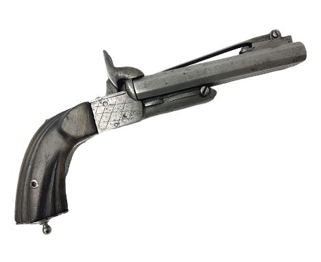 Mid-19th century Belgian 12mm double barrel side-by-side pin-fire pistol the 12cm monoblock octagonal barrels with release bu
