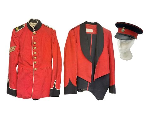 Royal Military College Sandhurst parade uniform with peaked cap and two-piece mess dress, all bearing historic manuscript lab