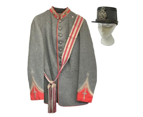 Victorian 1st Battalion West Yorkshire Regiment officer's red trimmed grey tunic with sash; and shako bearing Yorkshire plate