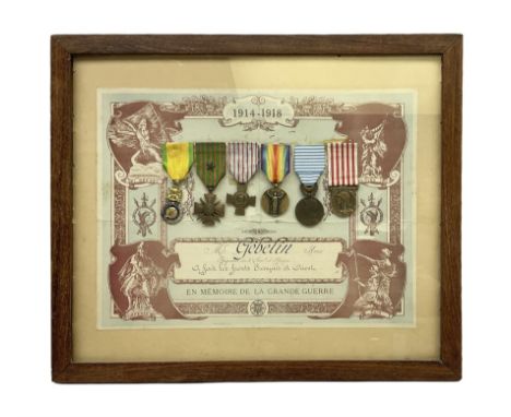 Six WW1 French medals comprising Valor Discipline 1870 3rd Republic Military Medal, Croix De Guerre with star, Croix Du Comba