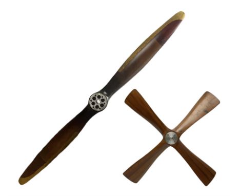British World War II era laminated wooden four-bladed generator propeller, late 1930s-40s, used to power a drogue winch used 