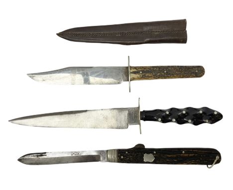 Hunting knife by J Nowill & Sons, Sheffield, the handle inset with mother of pearl, blade length 19cm; George Wolstenholme IX