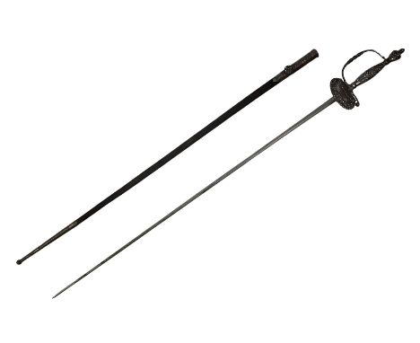 Cut steel hilted court sword with 82.5cm slim tapering triangular steel blade, shell guard with vertical flutes and facetted 