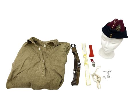 WW2 British Army khaki long sleeved shirt Size 6 dated 1945; maroon/navy blue side cap with East Yorkshire Regt. cap badge; B
