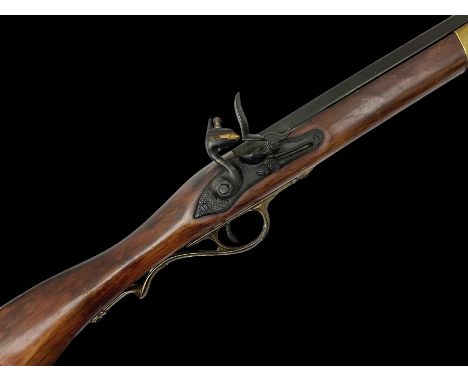 Reproduction non-firing Kentucky style flintlock musket musket, the 87.5cm hexagonal barrel with ramrod under, brass and bras