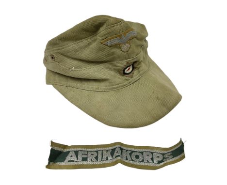 WW2 German DAK M42 Army Field Cap stamped G. Teufel Sohn Tuttlingen M/42 55; and Afrikakorps cuff title (2)Condition Report:C