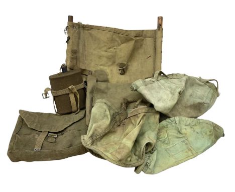 WW2 British army canvas accessories including 1942 Stringers wash basin, water bucket, 1943 water bottle, 1940 bag, another b