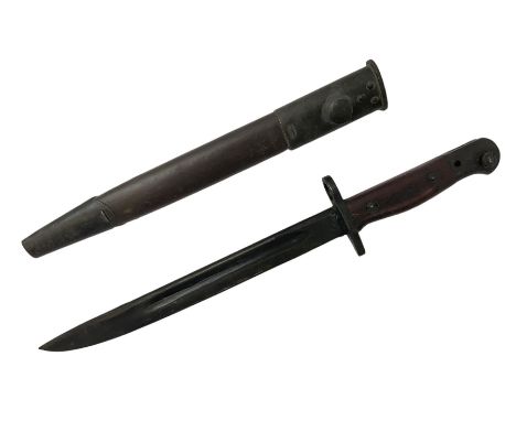 Australian Owen sub-machine gun bayonet, the 25.5cm fullered steel blade marked '53'; in metal bound wooden scabbard marled M