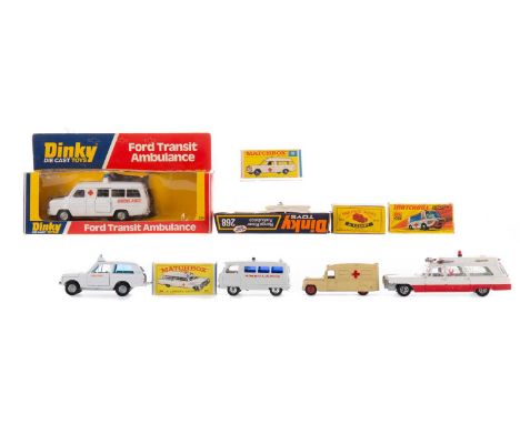 BOXED DINKY 274 FORD TRANSIT AMBULANCE,with patient, along with three loose Dinky ambulances, two Corgi, and four Matchbox Le