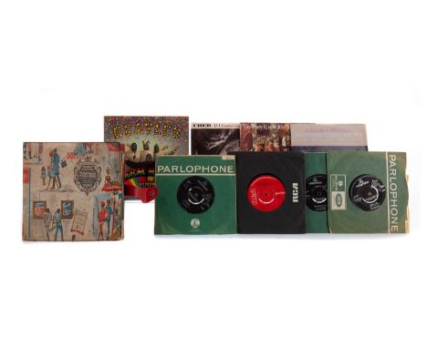 ALBUM OF VINYL SINGLE RECORDS,including several by The Beatles, also Rolling Stones, The Drifters and Cliff Richard