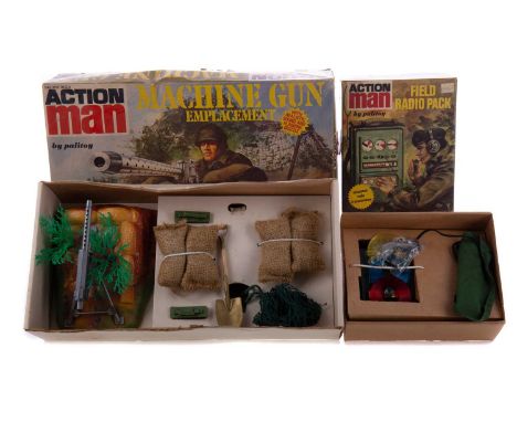 ACTION MAN MACHINE GUN EMPLACEMENT AND FIELD RADIO PACK,by Palitoy, both boxed (2)