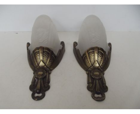 Pair of art nouveau style brass and frosted glass wall lights 