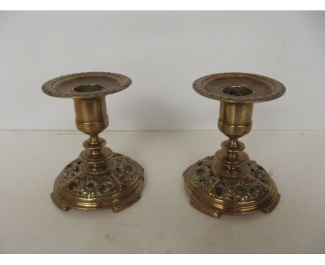 Pair of brass Persian style dwarf candle stick 