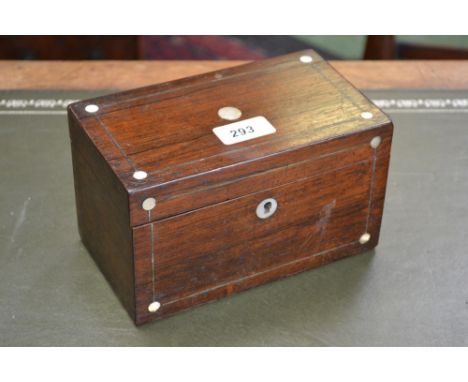 A Victorian rosewood and mother of pearl tea caddy, hinged cover enclosing a pair of lidded compartments, c.1860