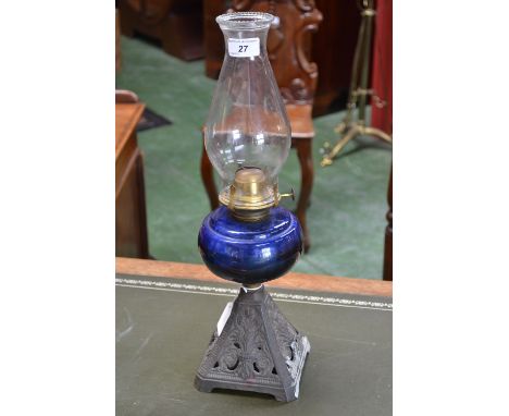 A Victorian oil lamp, with Bristol blue glass reservoir