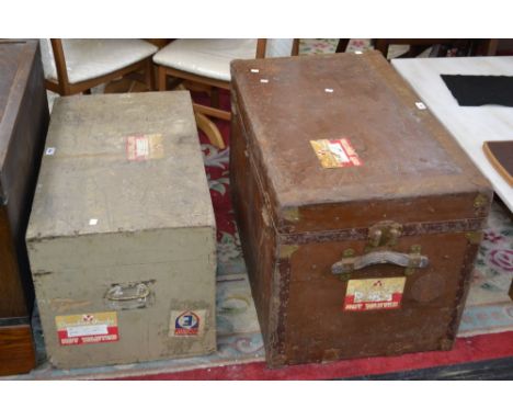 A pine trunk bearing Canadian Pacific shipping label for The Empress of Canada dated 11th Jan 1952; a vintage travel trunk be