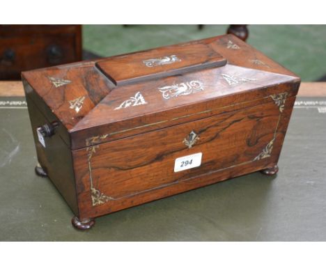 A George IV rosewood and mother of pearl marquetry sarcophagus tea caddy, hinged cover enclosing a pair of canisters, the loc