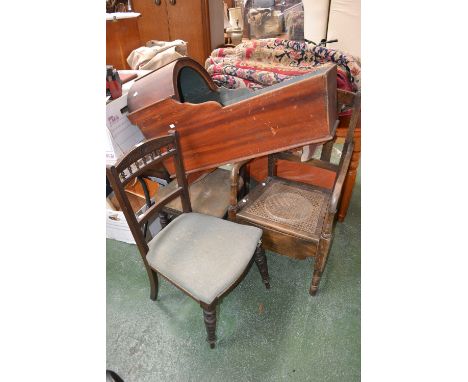 A Victorian pine cot; a commode chair; two Edwardian mahogany chairs
