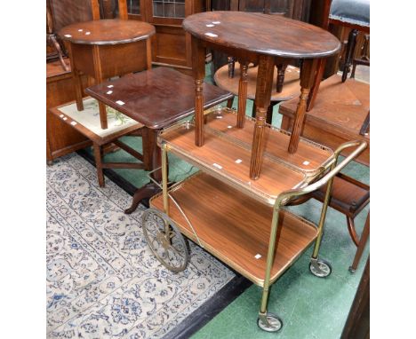 A woolwork firescreen/table; a 1940's work box; a mahogany tripod table; an oak occasional table; a tea trolley. (5)