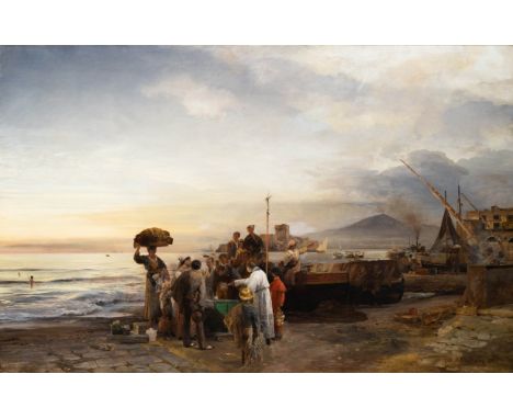 Oswald Achenbach (1827 Düsseldorf - 1905 ebenda)Fischer vor der Bucht von Neapel, Öl auf Leinwand, 89 cm x 135 cm, signiert, 