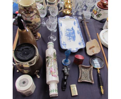 A pair of Japanese satsuma pottery vases together with a rolling pin, magnifying glass, biscuit barrel, etc