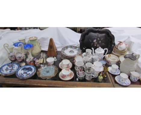 A mother of pearl inlaid lacquer tray together with an Aynsley part tea set, other part tea sets, Parian hot water jug, metro