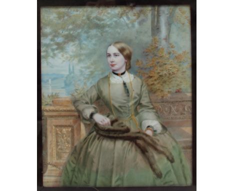 19th Century British SchoolThree quarter length portrait of a lady in a green dress, seated on a stone bench with a landscape