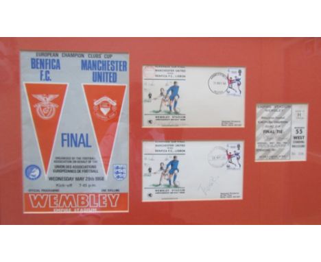 A Benfica F.C v Manchester United European Champion Club's Cup Final Programme, ticket and First Day covers, framed and mount