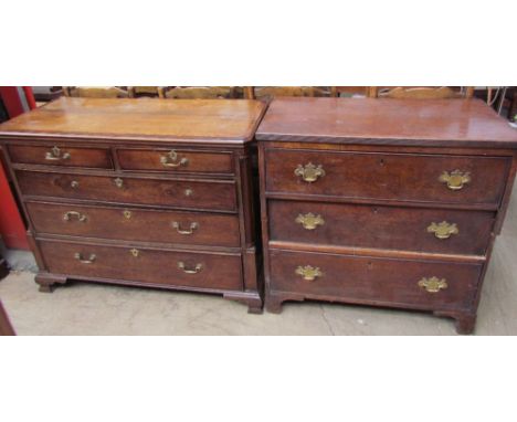 An 18th century oak chest with a cross banded top above two short and three long drawers on bracket feet, together with anoth