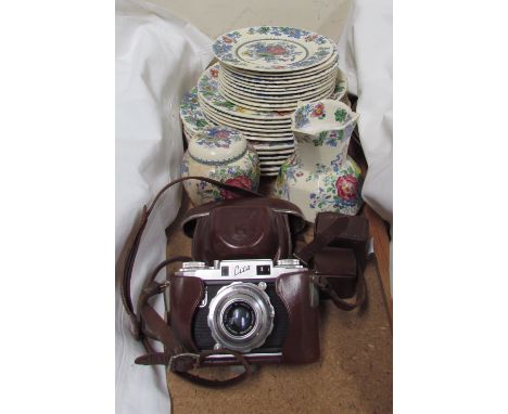 A Mason's Strathmore pattern part dinner set together with a Masons jug, Masons ginger jar and cover and a Cita Regula camera