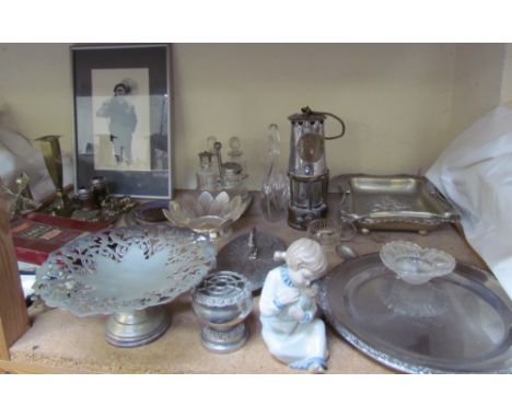A Prestwichs patent protector steel and brass miners lamp, together with electroplated wares, brass wares, opera glasses, Dav