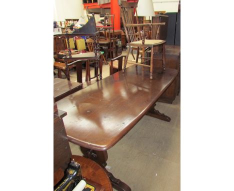 A mid 20th century dark oak refectory type dining table, together with a stick back chair and a standard lamp