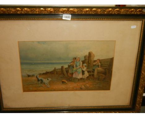 A framed and glazed print featuring children with dog on a beach.