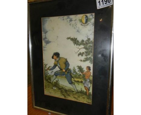 A framed and glazed print depicting a Cavalier with a boy.