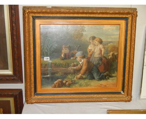 A gilt framed Victorian print featuring children playing by a pond, dated 1872.